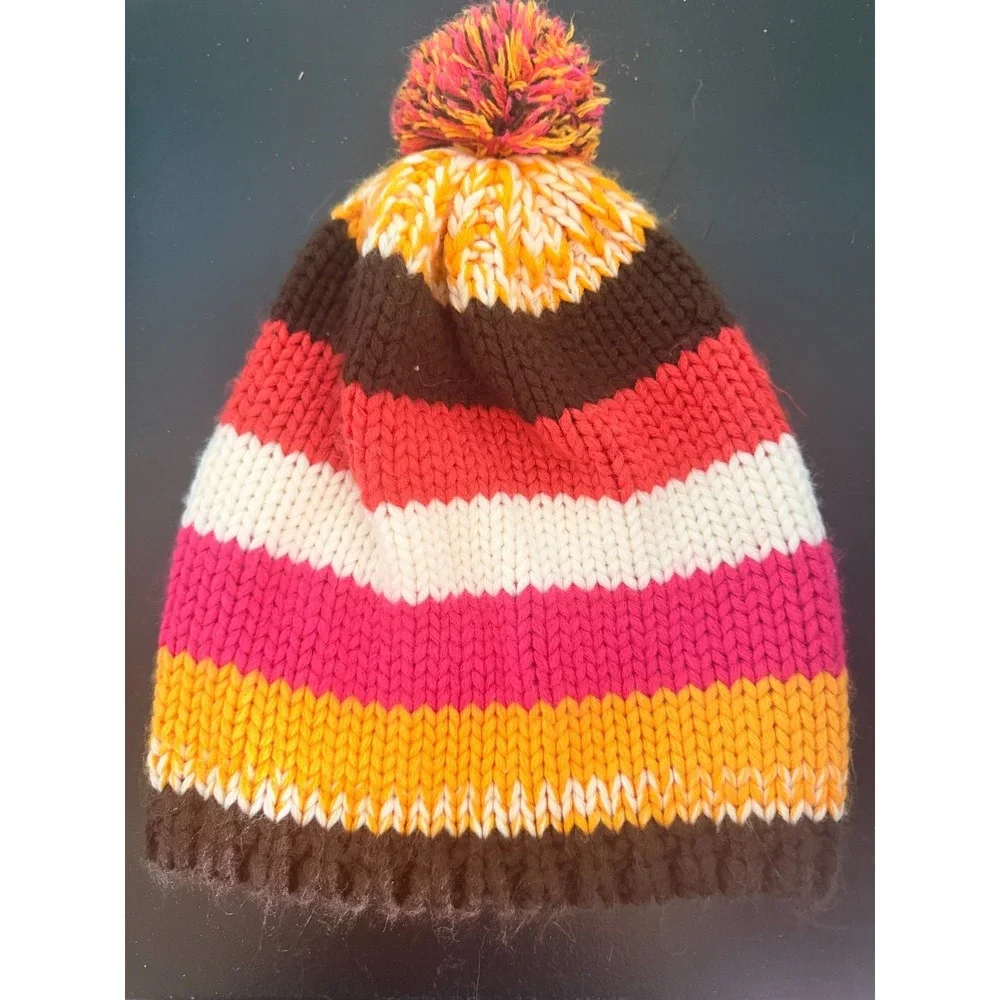 Gap Kids Multicolor Striped Chunky Knit Pom Pom Beanie Winter Hat Size L/XL
